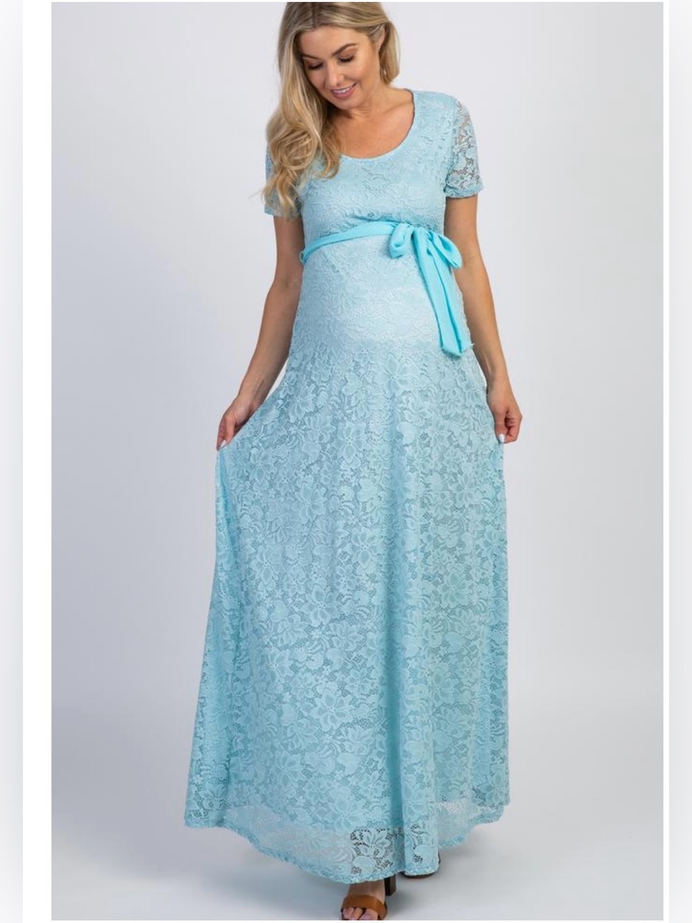 Lace Maternity Maxi Dress with Waist Tie - Light Blue size M